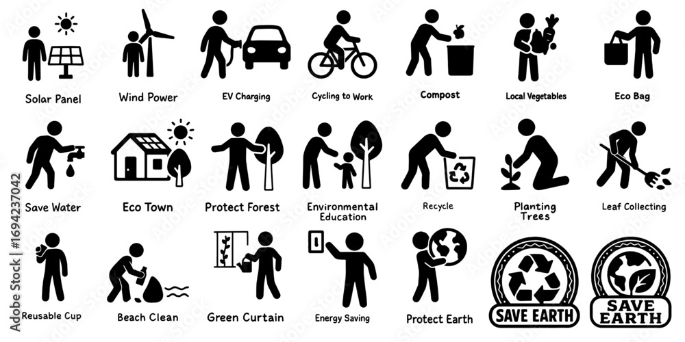 Fototapeta premium サステナブルライフを描いた環境ピクトグラム、Pictograms of Sustainable and Eco-Friendly Living