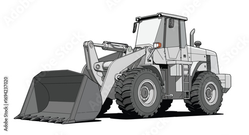 Illustration of a front loader isolated on white background, a heavy equipment machine used in construction and mining for moving materials like soil and rocks