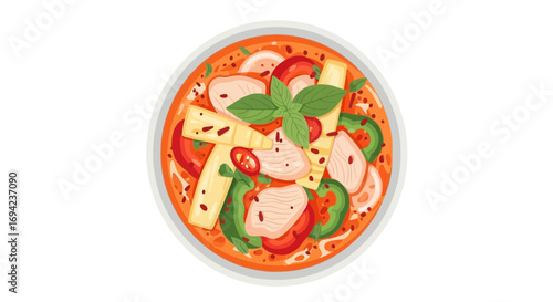Delicious Thai red curry with chicken and vegetables in a bowl isolated