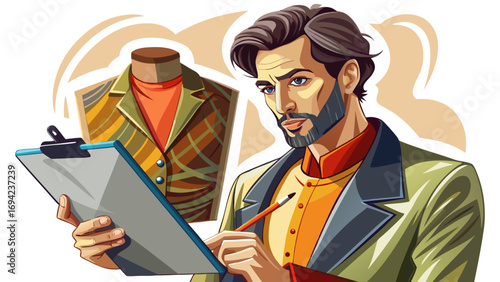  Close-up portrait of male fashion designer holding pencil sketch on clipboard. Isolated white background highlights creativity, elegance, and the modern artistry of clothing design.