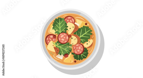 Delicious vegetable soup illustration with slices of sausages in white bowl