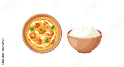 Delightful dish featuring chicken masala alongside a bowl of fluffy rice