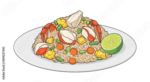 Delightful crab fried rice on white plate, flavorful culinary creation