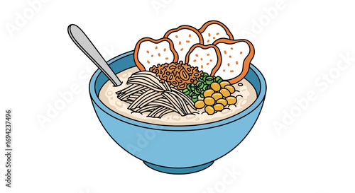 Delightful illustration of chicken congee with toppings served in a bowl