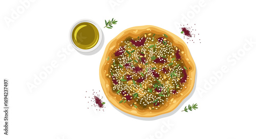 Delightful flatbread manouche with zaatar, olive oil, and spices illustration