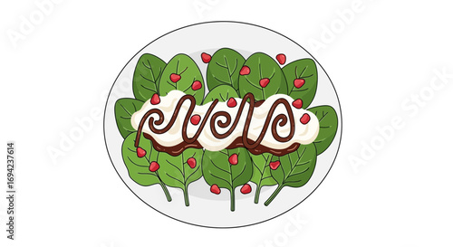 Delightful spinach salad with creamy dressing and pomegranate seeds illustration