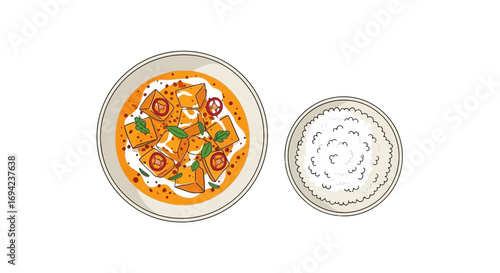 Delightful vector illustration of a panang curry with tofu and rice, a culinary masterpiece
