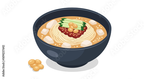 Depiction of bibim guksu in a bowl, a korean cold noodle dish
