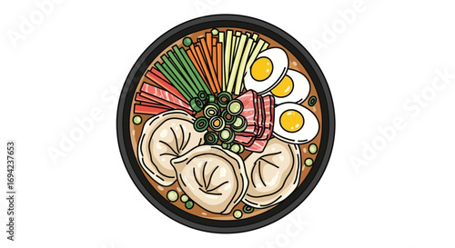 Detailed Bowl of Delicious Dumpling Ramen With Vibrant Toppings Illustration