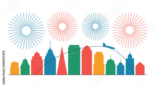 Illustrated cityscape with colorful buildings fireworks and airplane taking off in a minimalist style