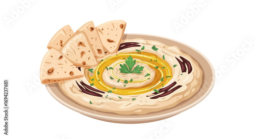 Detailed Illustration of Hummus Plate with Pita Bread for Food Bloggers