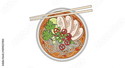 Exquisite ramen illustration with delicate chicken and fresh garnishes