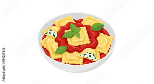 Exquisite ravioli served in tomato sauce with basil in a white bowl isolated