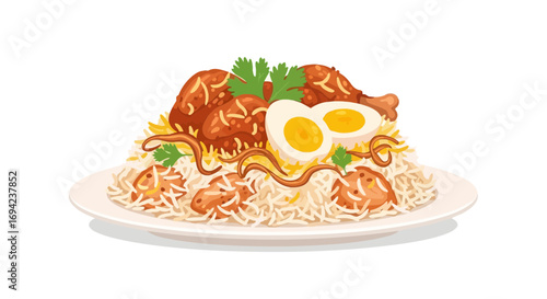 Flavorful Chicken Biryani Illustration with Boiled Egg and Cilantro