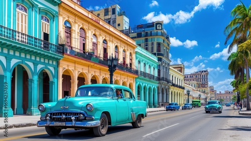 Classic Car in Colorful Havana Streets Under Bright Blue Sky