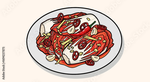 Flavorful illustration of a plate with kimchi with chili and garlic garnish