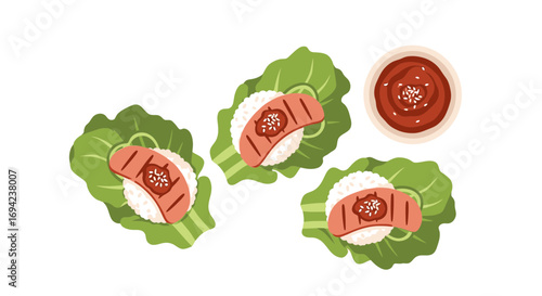 Grilled meat atop rice and lettuce, savory culinary presentation