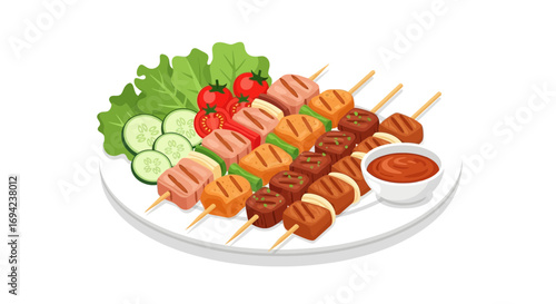 Grilled kebab skewers with vegetables and dipping sauce, culinary delight