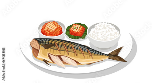 Grilled mackerel plated with kimchi and rice, presented with culinary style