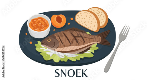 Grilled snoek served on a plate with peach, bread, and lettuce isolated