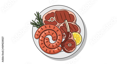 Grilled meats presentation on white plate, modern food styling concept