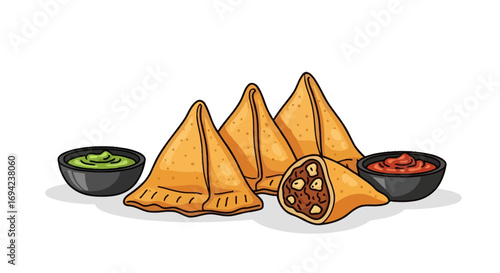 Hand drawn Indian samosas with mint chutney and tomato sauce illustration