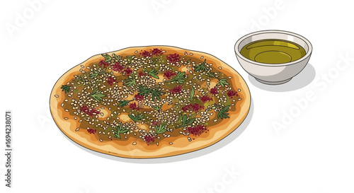 Hand Drawn Illustration of Manoucheh with Olive Oil on a White Surface