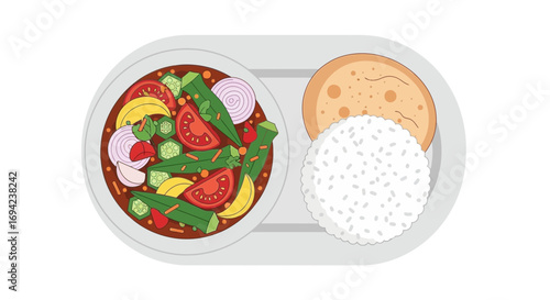 Illustrated indian meal featuring sambar, roti and rice on a single plate