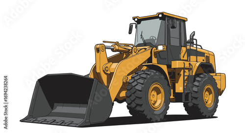 Illustration of a yellow wheel loader isolated on white background, showcasing its robust tires, bucket, and cabin, ideal for construction and heavyduty tasks