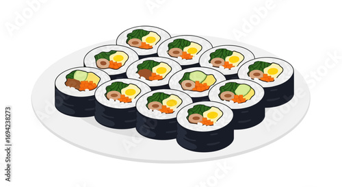 Illustration of a delicious and colorful korean kimbap on a white plate