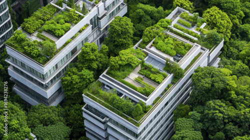 Modern eco friendly buildings with green roofs surrounded by lush trees create harmonious urban environment