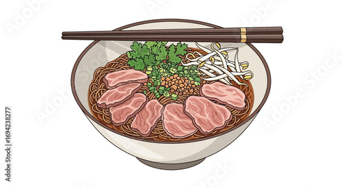 Illustration of a delicious bowl of ramen with noodles, meat, and vegetables