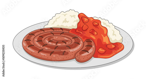Illustration of a delicious coiled sausage meal with mashed potatoes