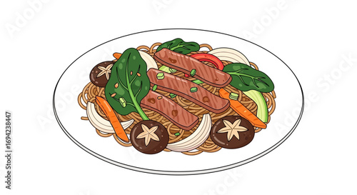 Illustration of a flavorful noodle dish with beef and vibrant vegetables