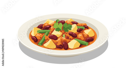 Illustration of a hearty bean and potato stew served on a white plate