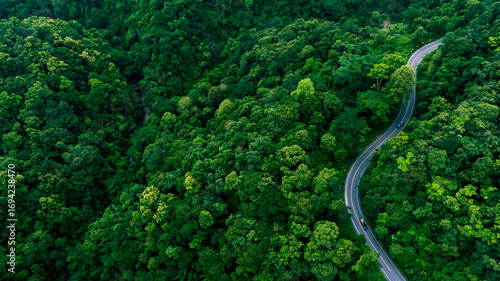 Top view road in beautiful autumn forest at sunset, trees with red and orange leaves , Beautiful landscape view from flying drone in Nature