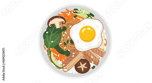 Illustration of a Korean Bibimbap Bowl Topped with a Fried Egg Meal