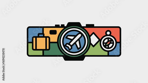 Stylized camera illustration with travel icons including suitcase airplane compass and geometric shapes