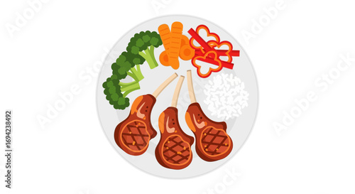 Illustration of a prepared lamb chop plate with rice and vegetables view top