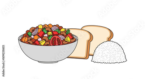 Illustration of bean salad served with bread and rice a simple meal