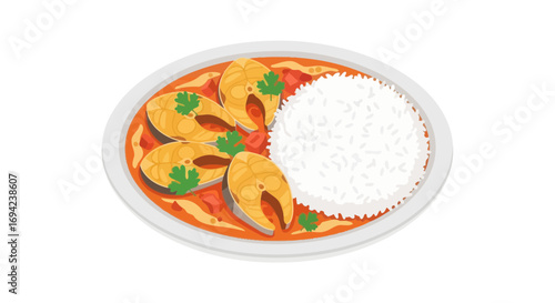 Illustration of fish curry with rice on a plate, traditional meal