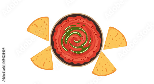 Illustration of delicious tortilla chips served with fresh salsa bowl
