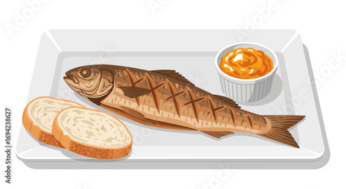Illustration of freshly cooked fish meal served with bread and appetizing sauce