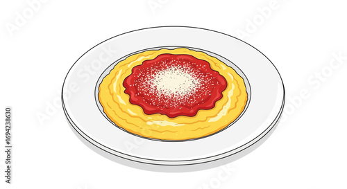 Illustration of creamy polenta with tomato sauce and parmesan, served fresh