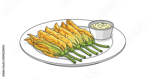 Illustration of fried zucchini flowers served with a creamy dipping sauce