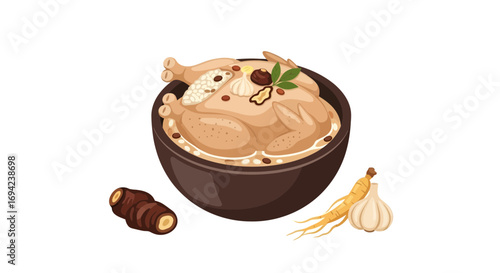 Illustration of Korean Ginseng Chicken Soup in a Bowl Ready to Serve