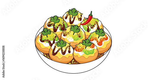 Illustration showcasing vibrant Dahi Puri served on a decorative plate isolated