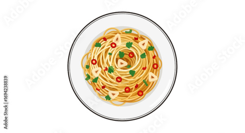Illustrative spaghetti aglio e olio presented on a pristine white plate