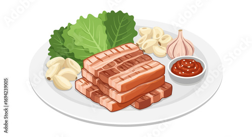 Korean grilled pork belly illustration, accompanied by garlic and lettuce