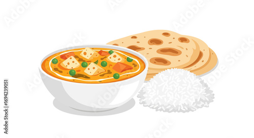 Paneer butter masala with rice and chapati on a white background
